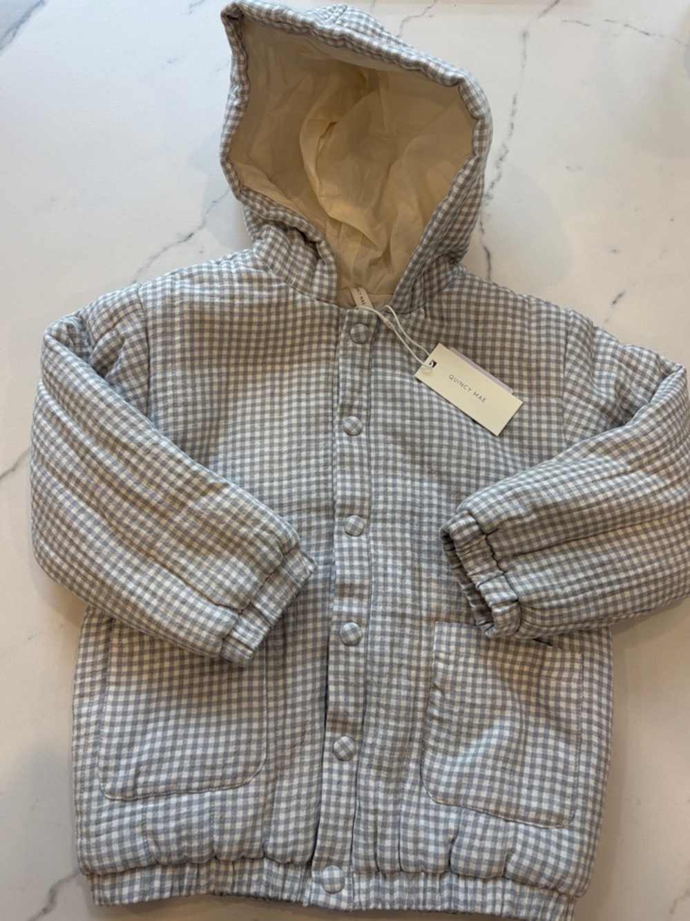 Quincy Mae Toddler Hooded Jacket in Light Gray & Cream Gingham